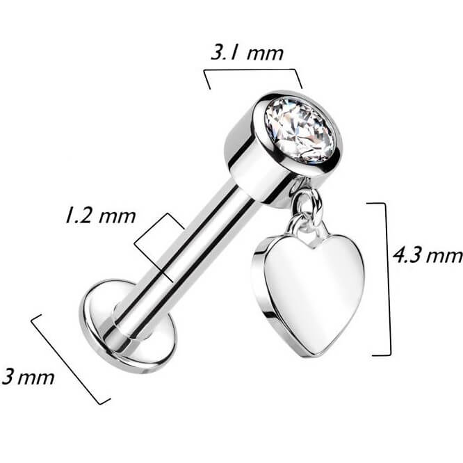 Oro 14 kt Labret Zircone con Cuore Pendente Filettatura Interna