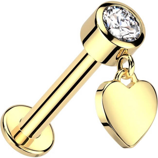 Solid Gold 14 Carat Labret heart bezel setting zirconia Internally Threaded