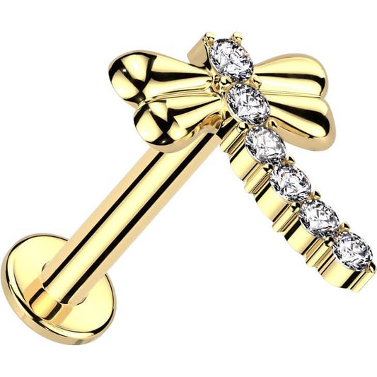 Solid Gold 14 Carat Labret dragonfly zirconia Internally Threaded