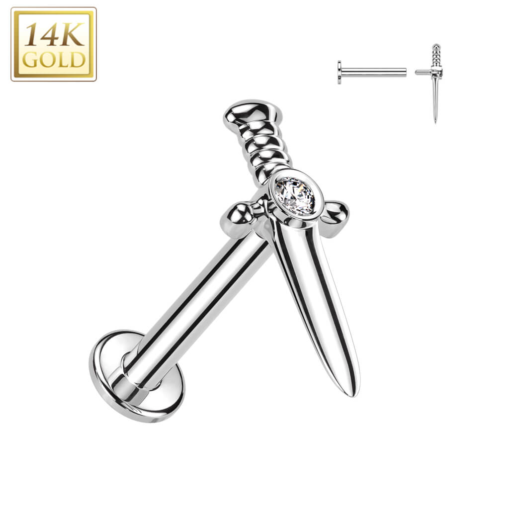 Oro 14 kt Labret Pugnale con Zircone Filettatura Interna