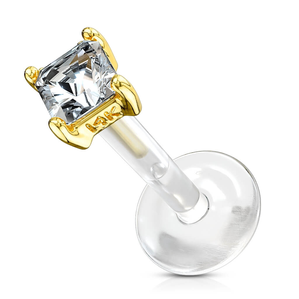 Oro 14 kt Labret Zircone quadrato  Push-In