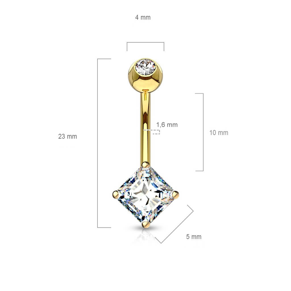 Solid Gold 14 Carat Belly Button Piercing Square Zirconia