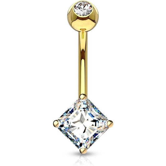 Solid Gold 14 Carat Belly Button Piercing Square Zirconia