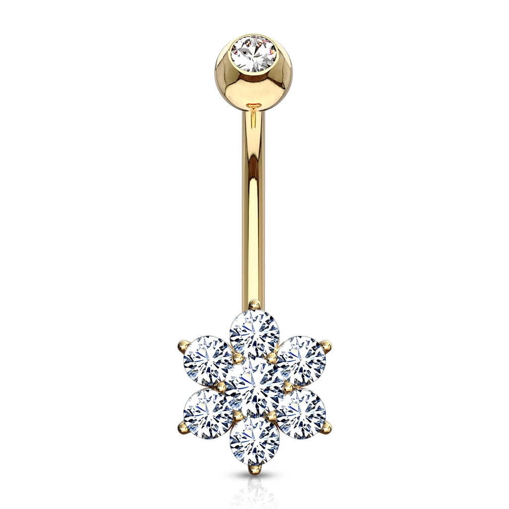 Solid Gold 14 Carat Belly Button Piercing Flower Zirconia