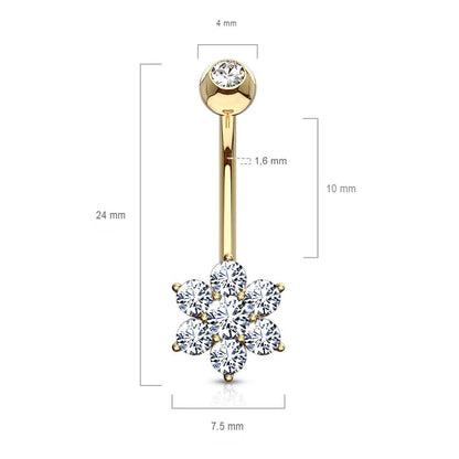 Solid Gold 14 Carat Belly Button Piercing Flower Zirconia