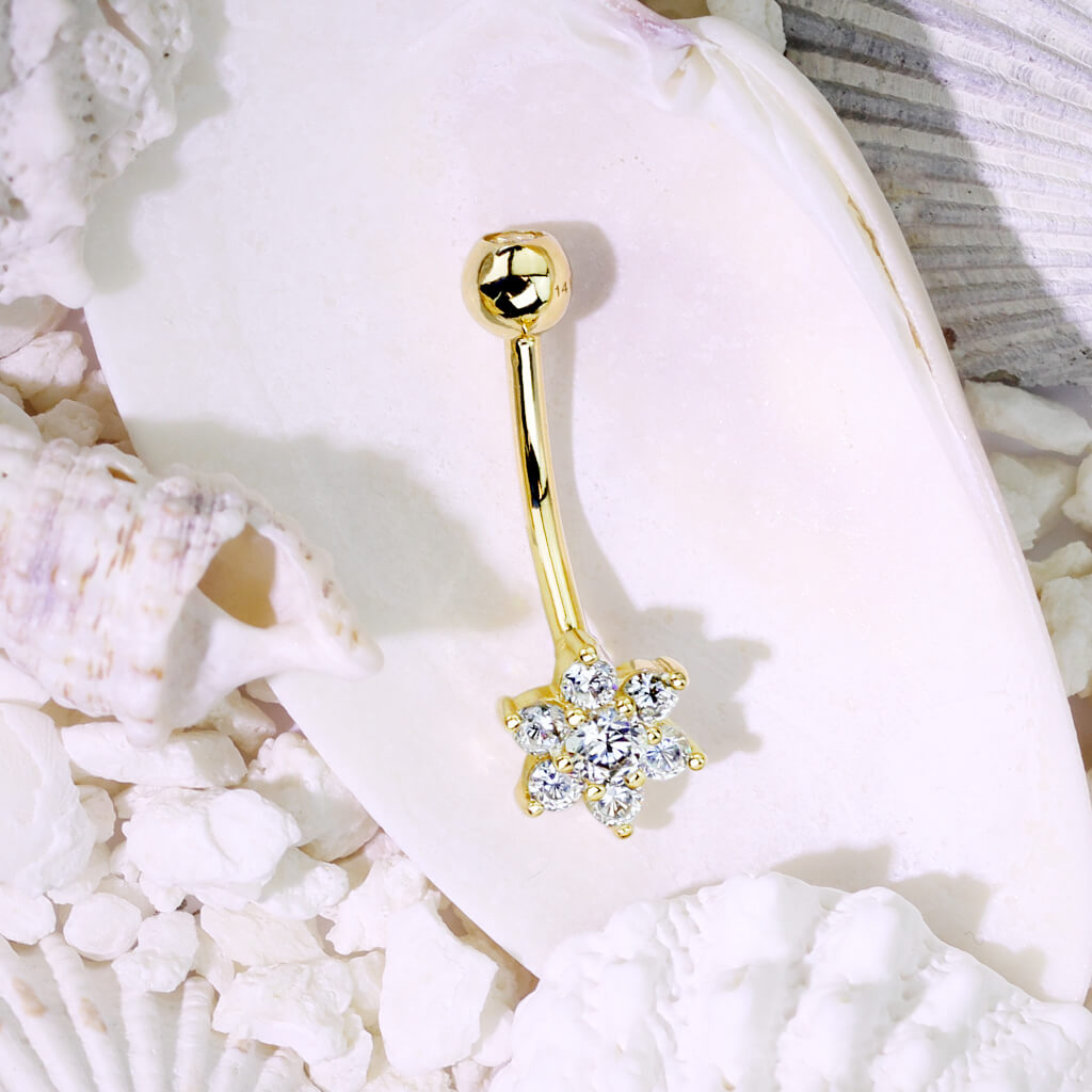 Solid Gold 14 Carat Belly Button Piercing Flower Zirconia