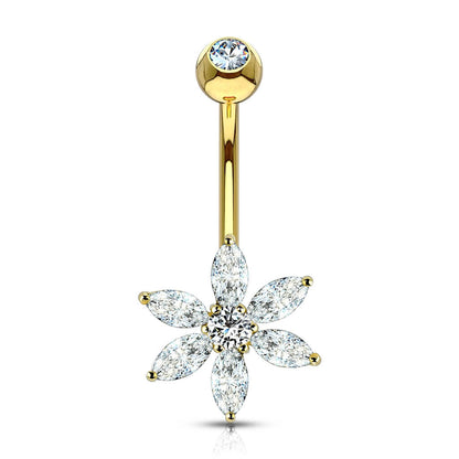 Solid Gold 14 Carat Belly Button Piercing Flower Zirconia