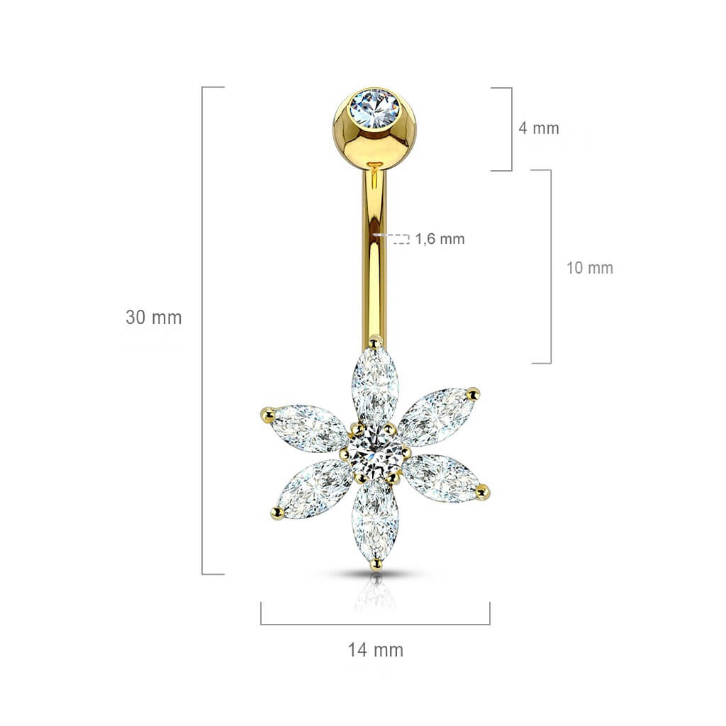 Solid Gold 14 Carat Belly Button Piercing Flower Zirconia