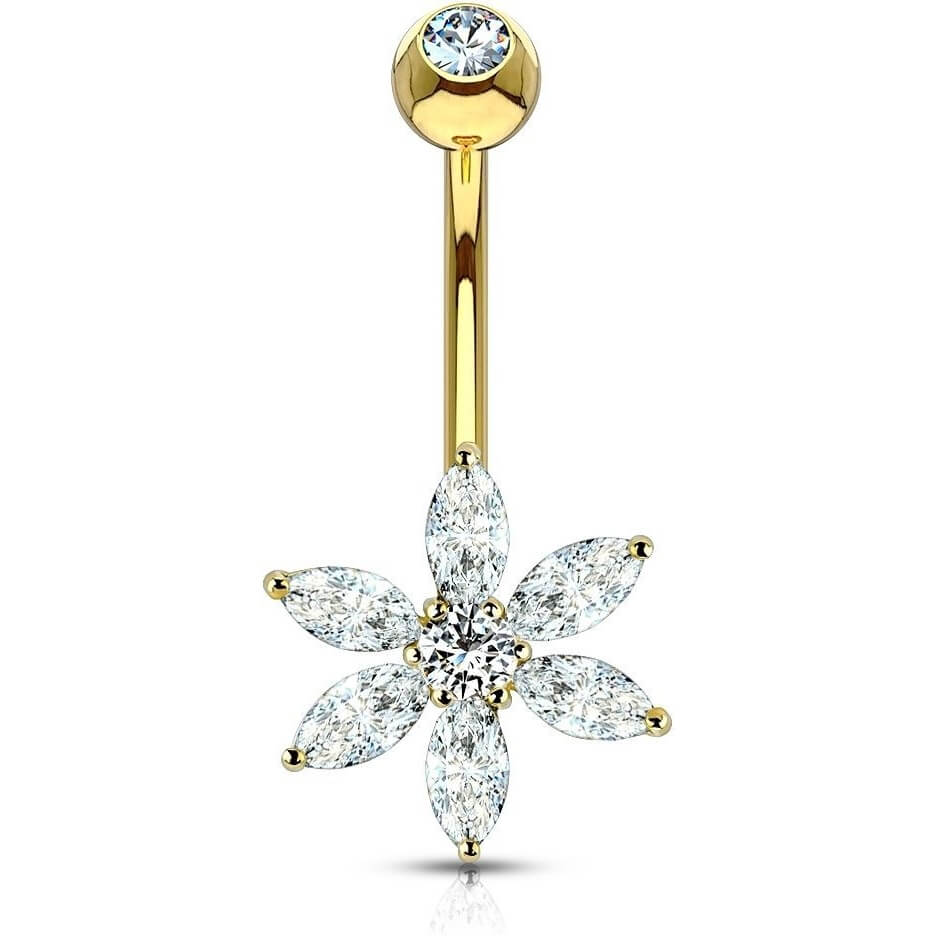 Solid Gold 14 Carat Belly Button Piercing Flower Zirconia