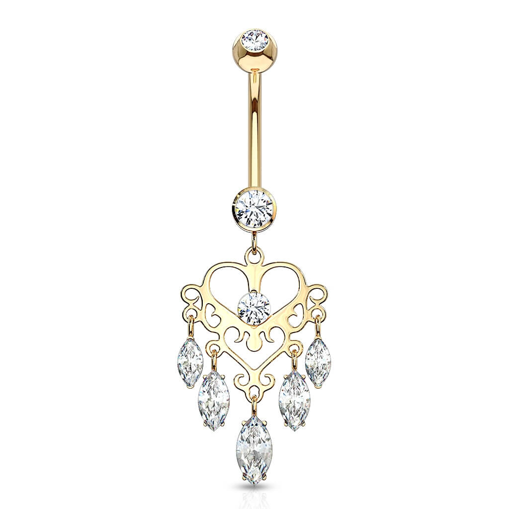 Or 14kt Piercing Nombril Pendentif Couronne Chandelier Zircone