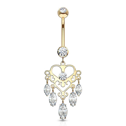 Oro 14kt Piercing ombligo Corona con Candelabro colgante