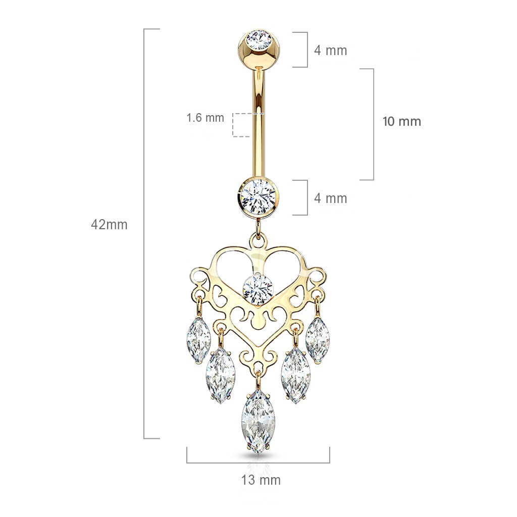 Oro 14kt Piercing ombligo Corona con Candelabro colgante