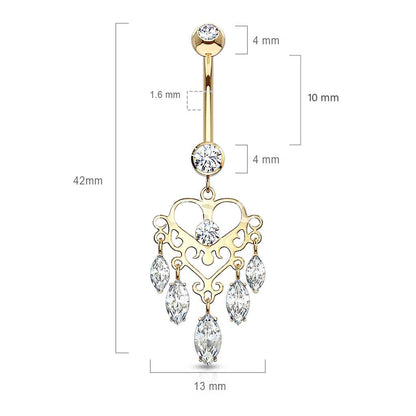 Or 14kt Piercing Nombril Pendentif Couronne Chandelier Zircone