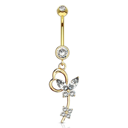 Solid Gold 14 Carat Belly Button Piercing Butterfly Zirconia