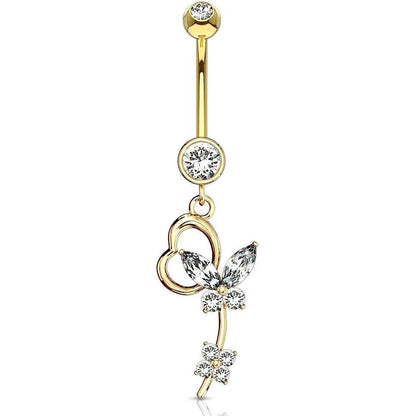 Solid Gold 14 Carat Belly Button Piercing Butterfly Zirconia