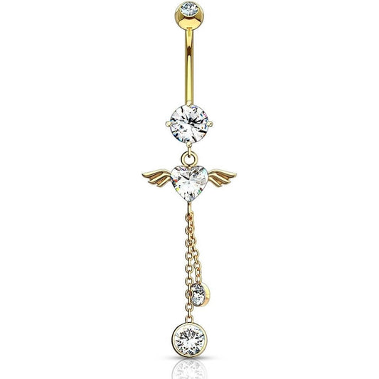 Or 14kt Piercing Nombril Pendentif Ailes d´Ange Zircone