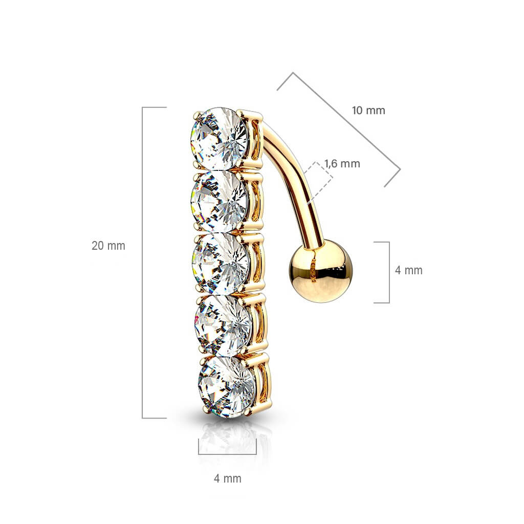 Or 14kt Piercing Nombril Barre Zircone Inversé 