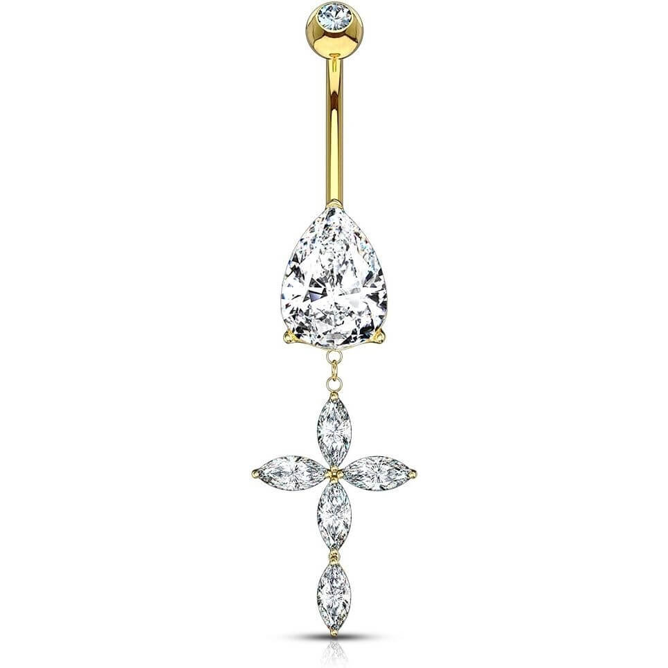 Or 14kt Piercing Nombril Pendentif Croix Zircone