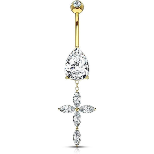 Solid Gold 14 Carat Belly Button Piercing Cross dangle Zirconia