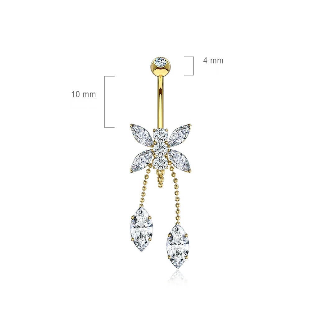 Solid Gold 14 Carat Belly Button Piercing Dragonfly Drop dangle Zirconia