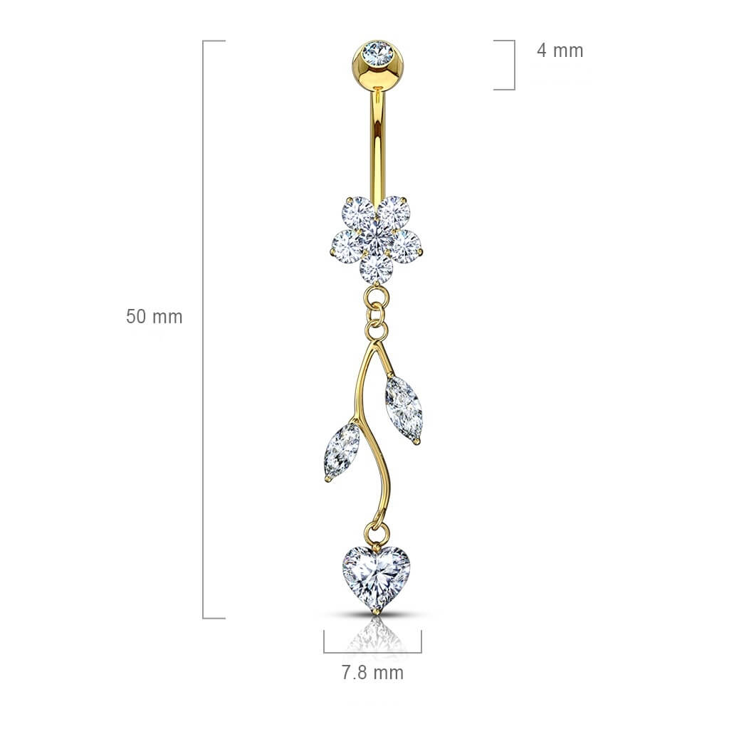 Solid Gold 14 Carat Belly Button Piercing Flower dangle Zirconia