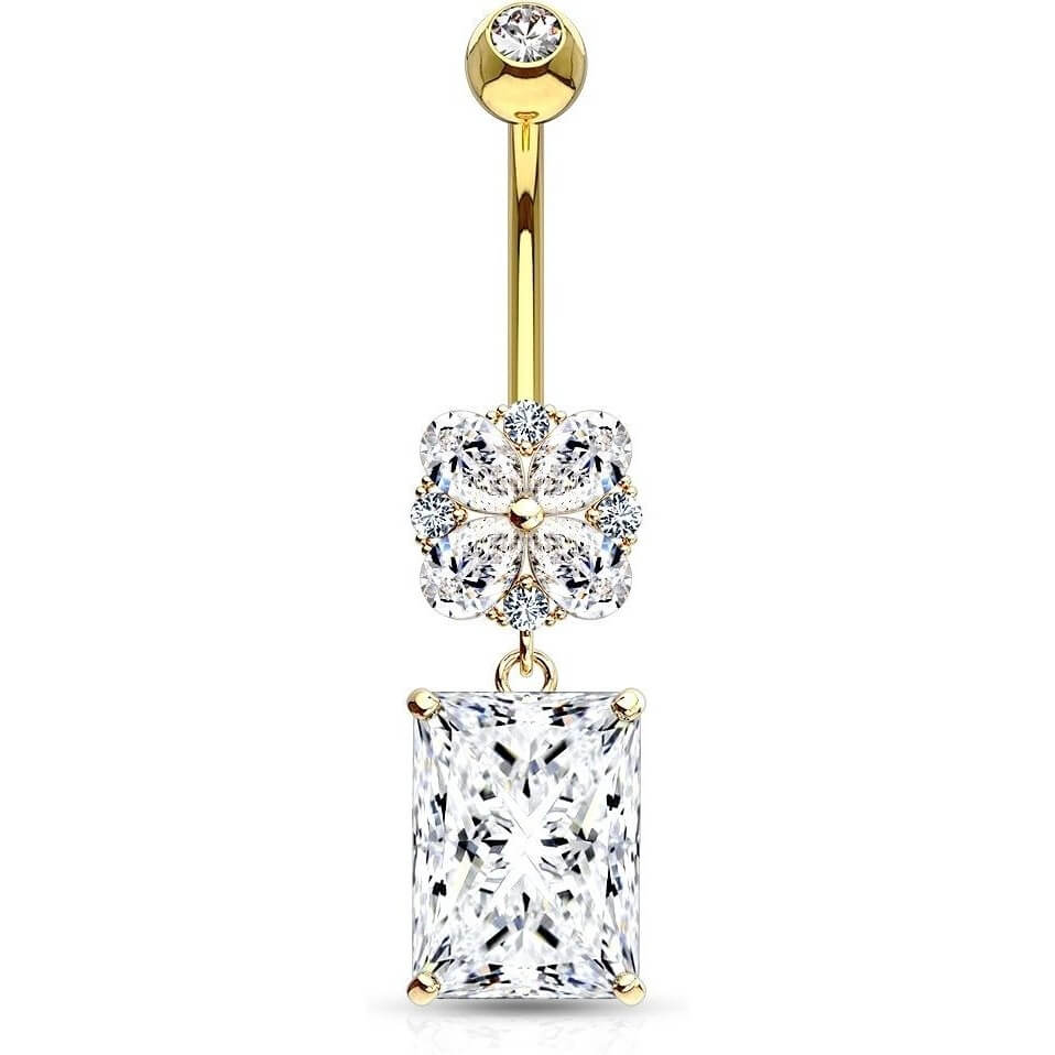 Or 14kt Piercing Nombril Pendentif Carré Zircone