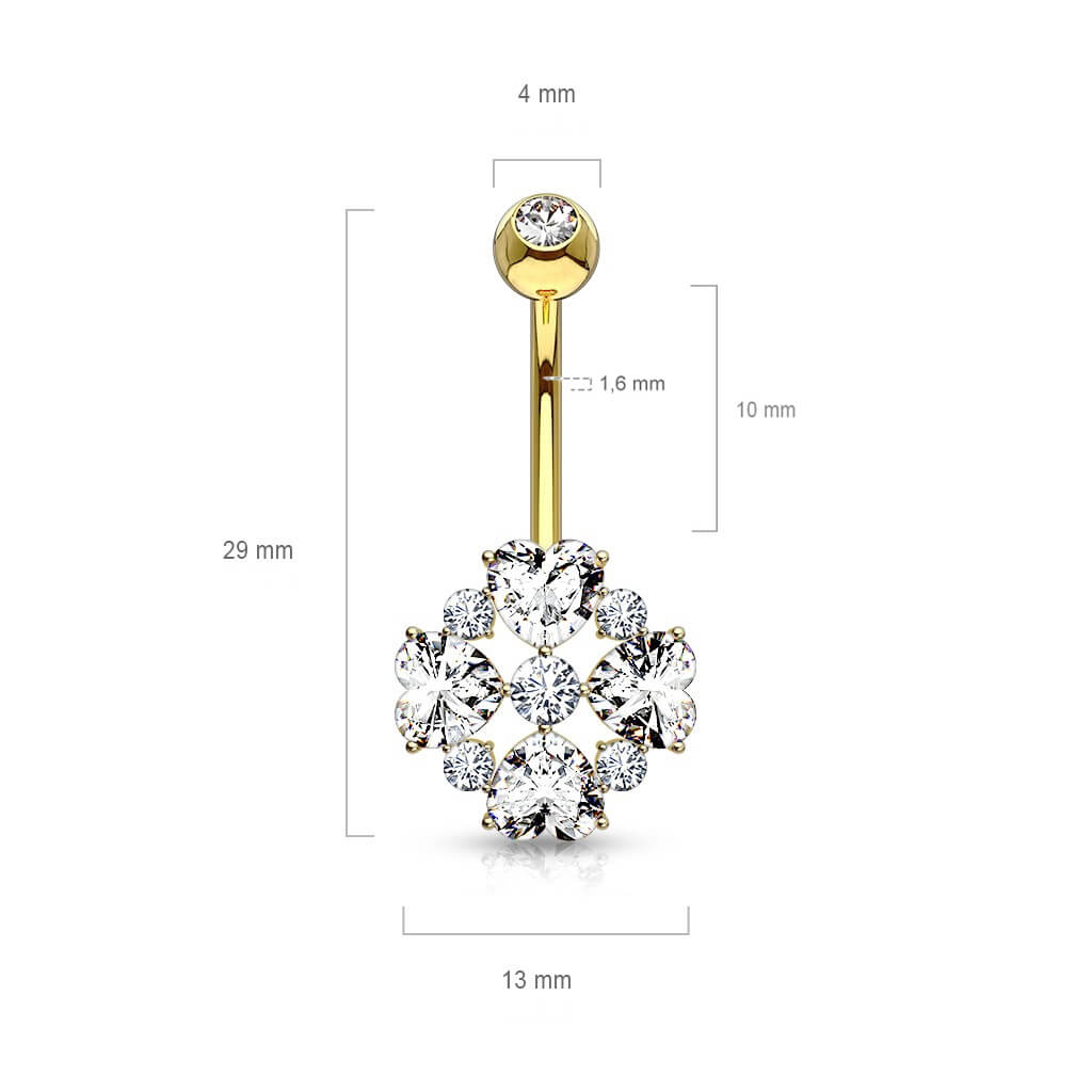 Solid Gold 14 Carat Belly Button Piercing Flower Zirconia