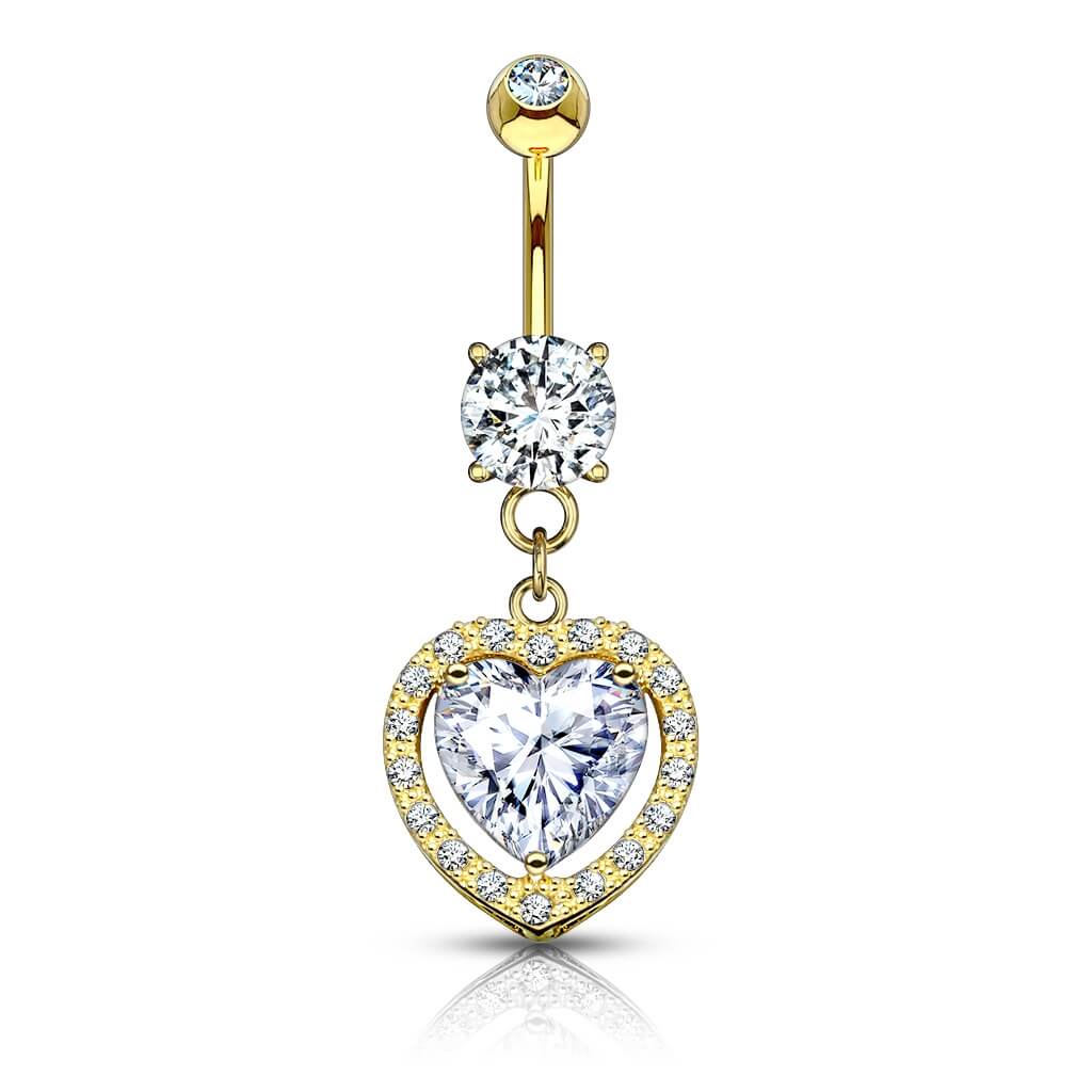 Solid Gold 14 Carat Belly Button Piercing Heart dangle Zirconia