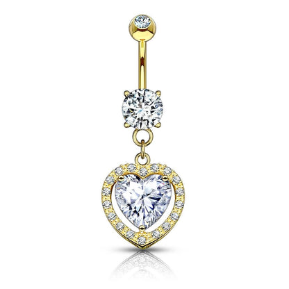 Solid Gold 14 Carat Belly Button Piercing Heart dangle Zirconia