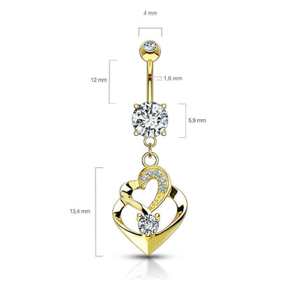 Solid Gold 14 Carat Belly Button Piercing Double Heart dangle Zirconia