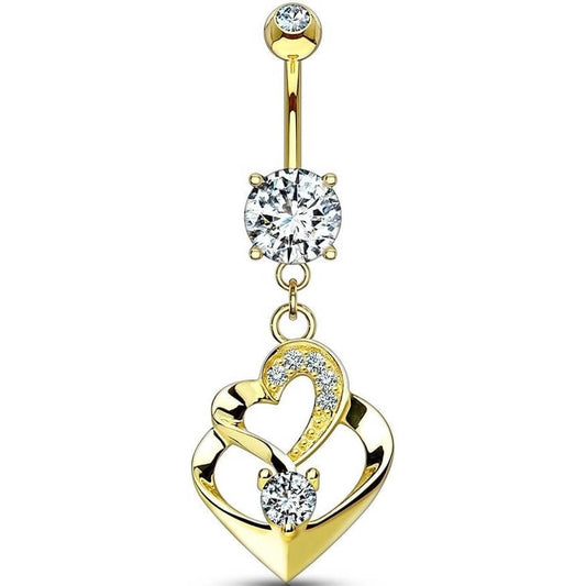 Or 14kt Piercing Nombril Pendentif Double Cœur Zircone