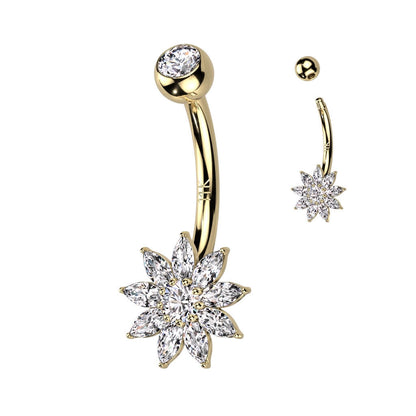 Solid Gold 14 Carat Belly Button Piercing Flower Zirconia