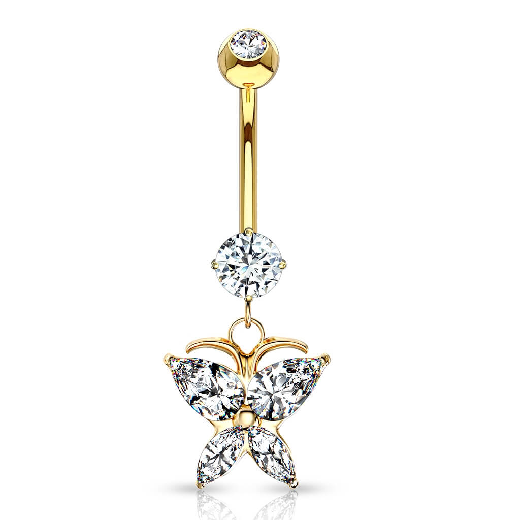 Solid Gold 14 Carat Belly Button Piercing Butterfly dangle Zirconia