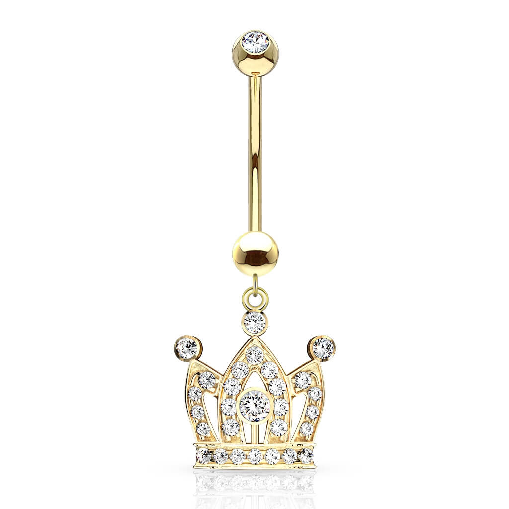 Or 14kt Piercing Nombril Pendentif Couronne Cubique Zircone