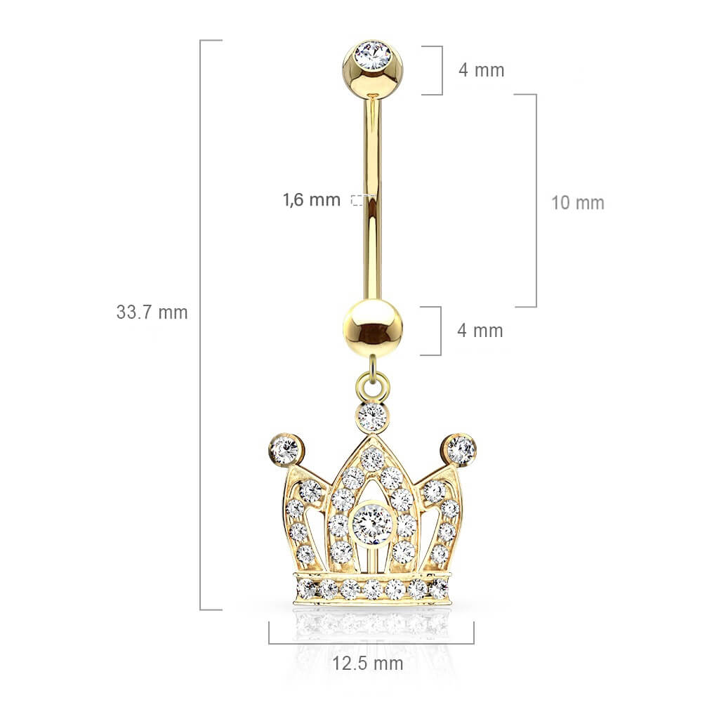 Or 14kt Piercing Nombril Pendentif Couronne Cubique Zircone