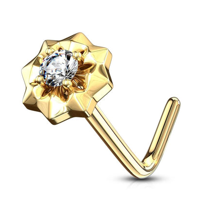 Solid Gold 14 Carat Nose L-Shape Star Zirconia