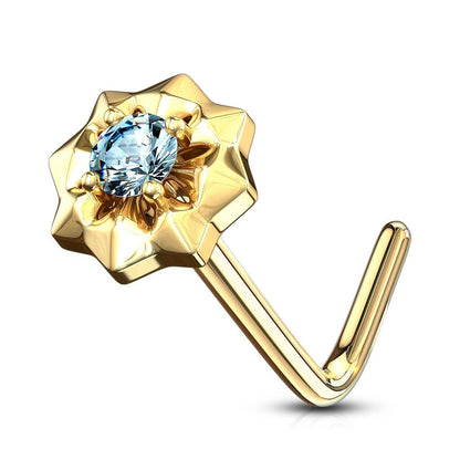 Solid Gold 14 Carat Nose L-Shape Star Zirconia