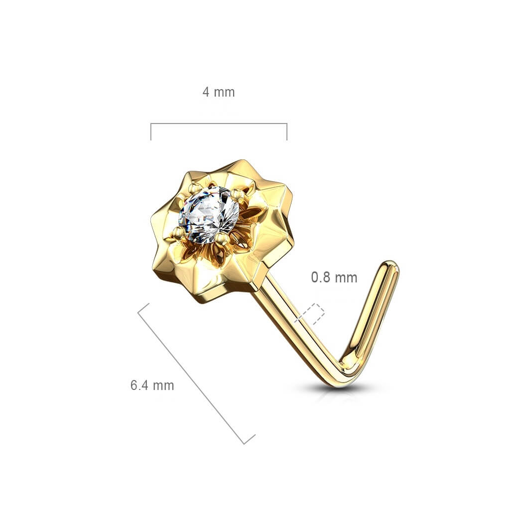 Solid Gold 14 Carat Nose L-Shape Star Zirconia