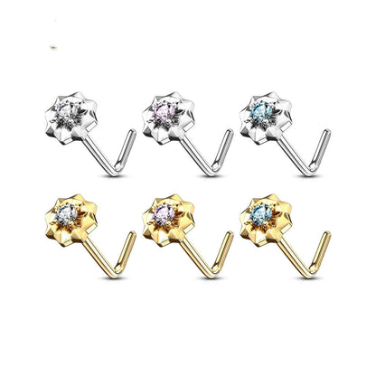 Solid Gold 14 Carat Nose L-Shape Star Zirconia