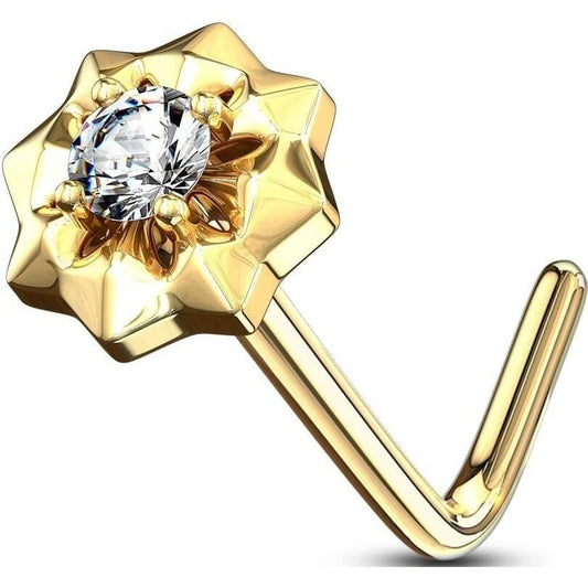 Solid Gold 14 Carat Nose L-Shape Star Zirconia