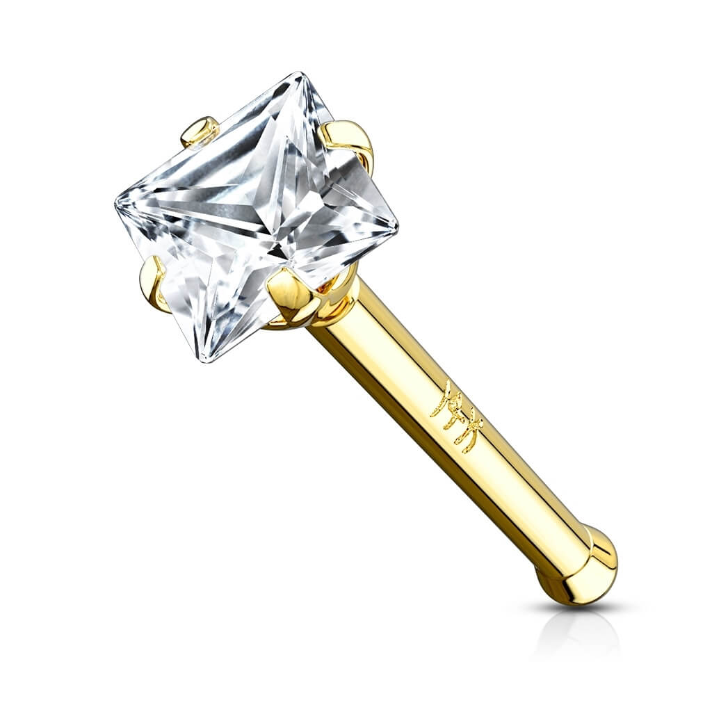 Solid Gold 14 Carat Nose Stud Zirconia Square