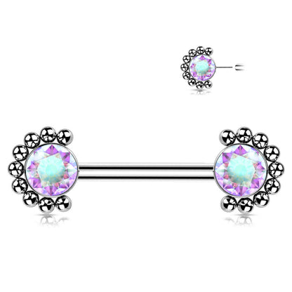 Titanium Nipple Piercing Zirconia Opal Silver Push-In