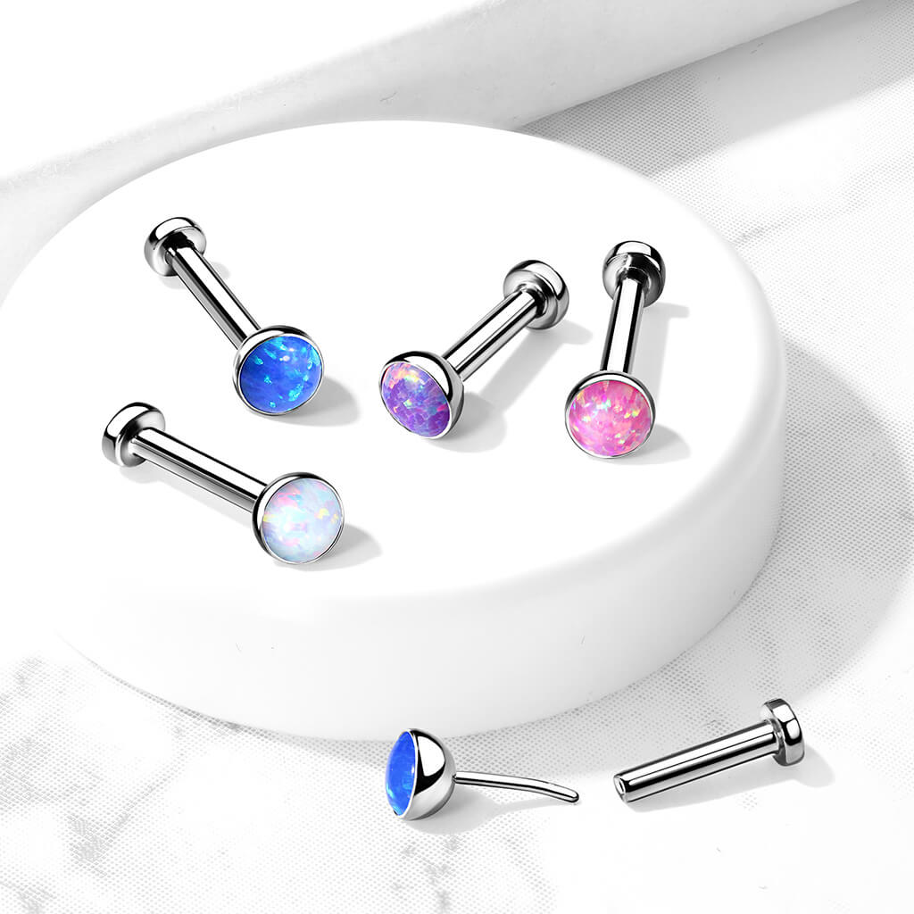 Tytan labret opal płaski srebrny push-in