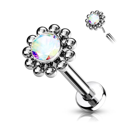 Titanium Labret Flower Zirconia Silver Push-In