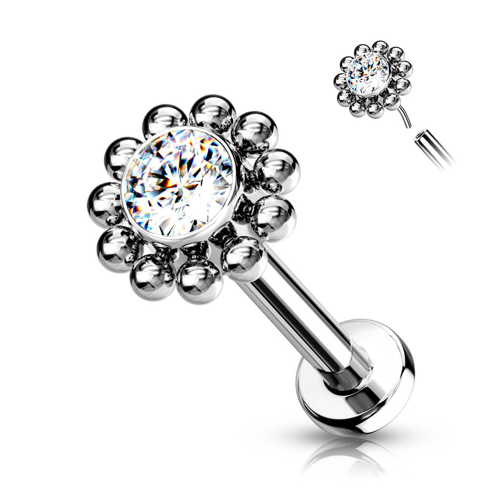 Titanium Labret Flower Zirconia Silver Push-In