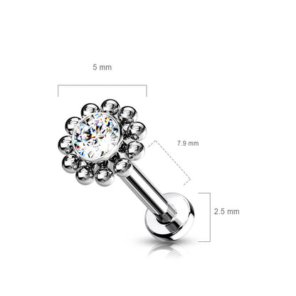 Titanio Flor Circonita Plata Push In Labret