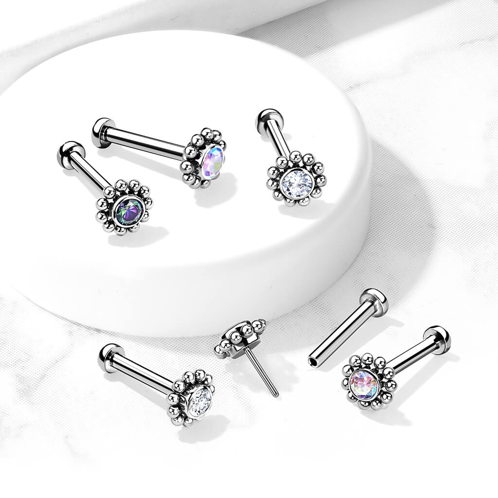 Titanium Labret Flower Zirconia Silver Push-In