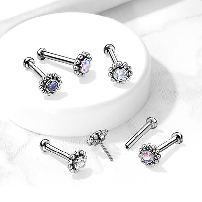 Titanium Labret Flower Zirconia Silver Push-In