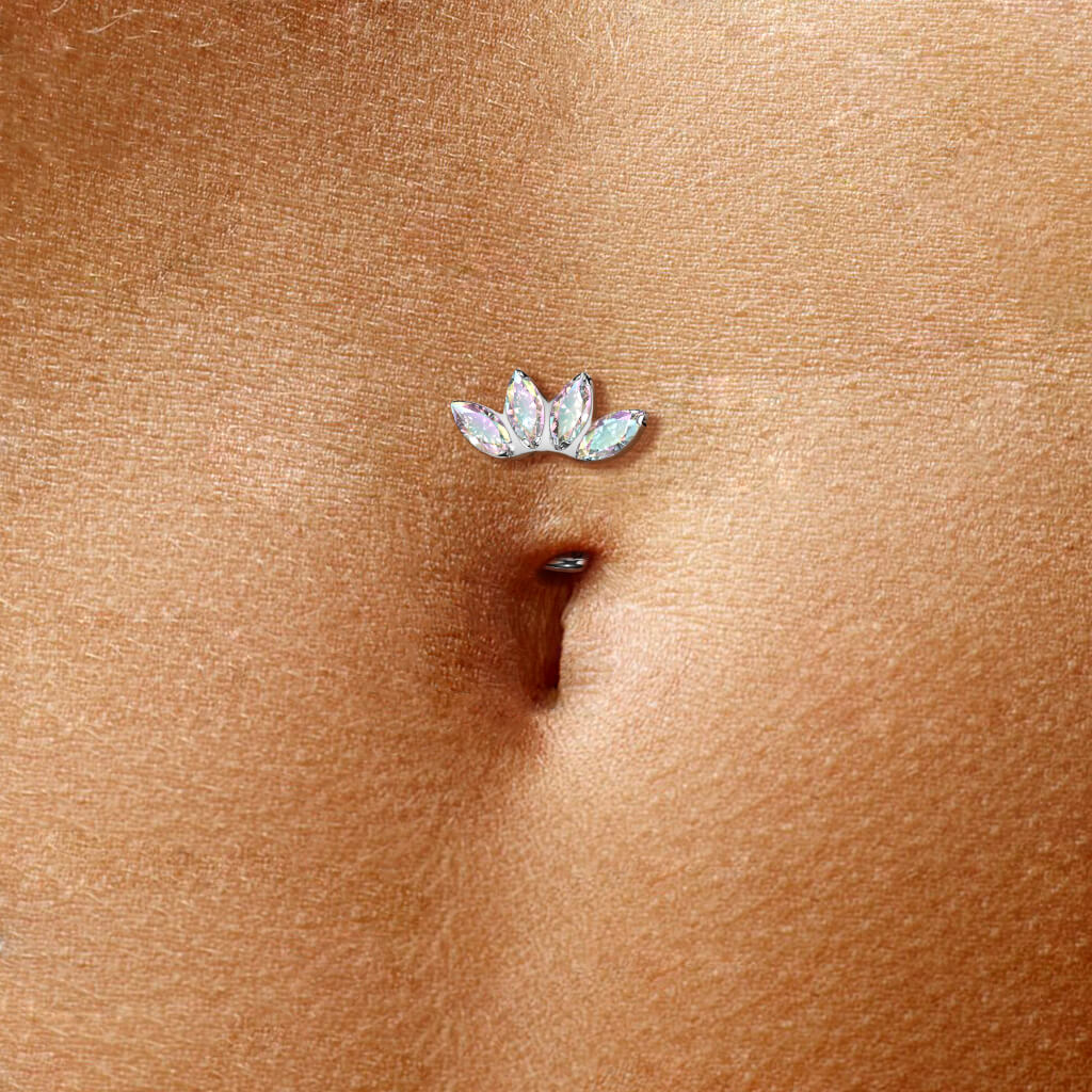 Titanium Belly Button Piercing Marquise Cut 4 Zirconia Push-In