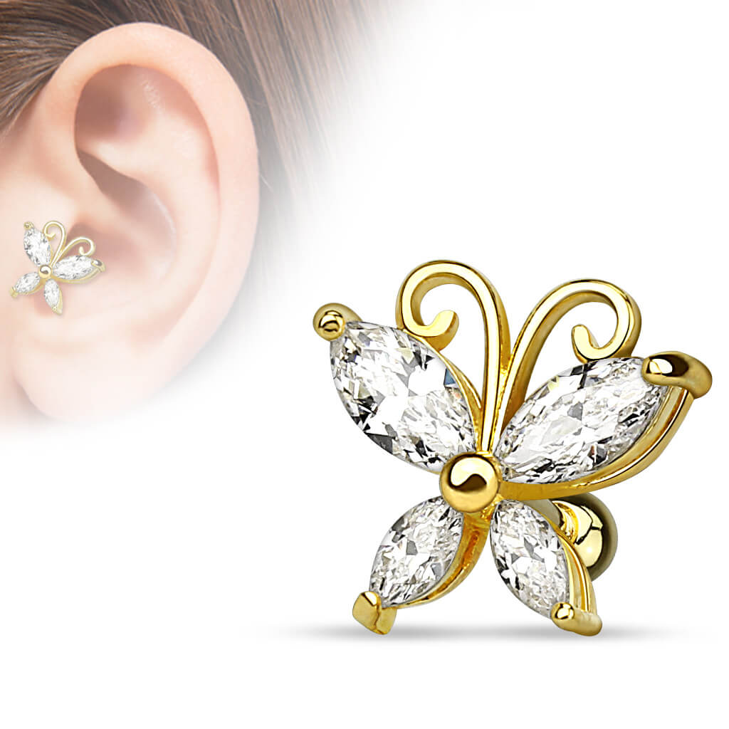 Barbell Butterfly Zirconia Gold Silver